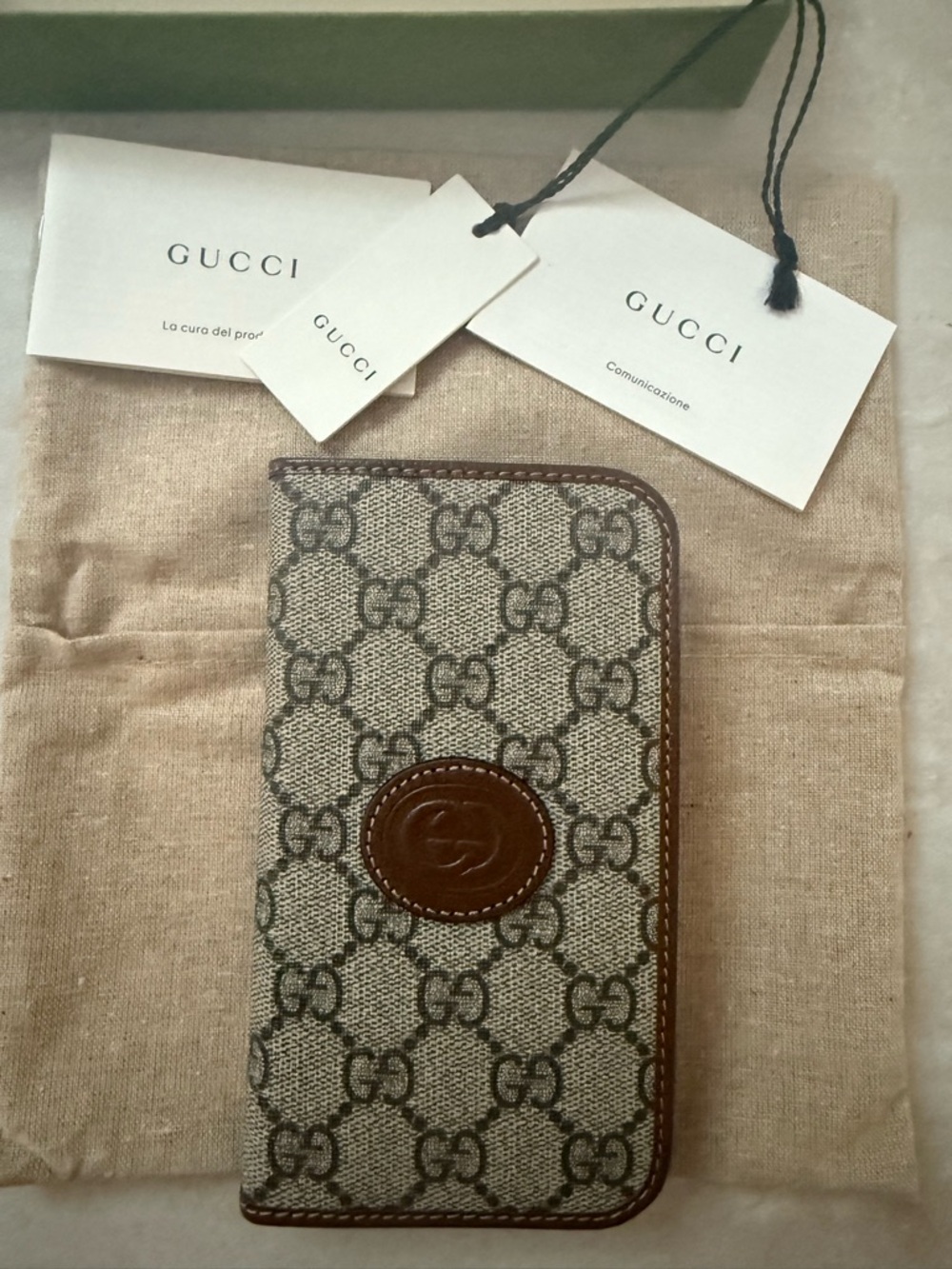 Gucci Brown & Beige GG Canvas Leather Trim Phone Case